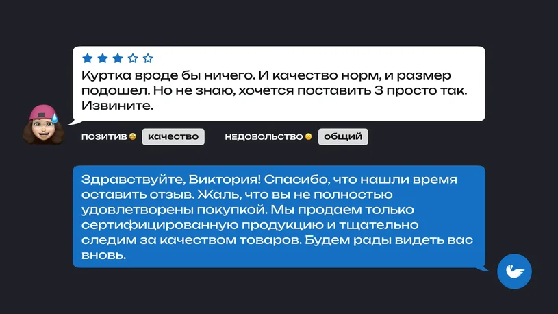 Переписка между покупателем и продавцом на тему оставленного отзыва